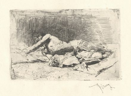  Mariano Fortuny y Marsal  (Tarragona, 1838 - Roma, 1874) : Uomo disteso al suolo (Il moribondo).  - Asta Stampe e Disegni - Libreria Antiquaria Gonnelli - Casa d'Aste - Gonnelli Casa d'Aste