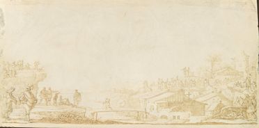  Juan (de) Valds  (Siviglia, 1622 - 1690) : Paesaggio sul fiume con ponte e figure.  - Asta Stampe e Disegni - Libreria Antiquaria Gonnelli - Casa d'Aste - Gonnelli Casa d'Aste