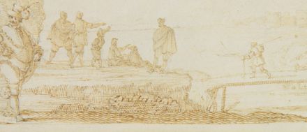  Juan (de) Valds  (Siviglia, 1622 - 1690) : Paesaggio sul fiume con ponte e figure.  - Asta Stampe e Disegni - Libreria Antiquaria Gonnelli - Casa d'Aste - Gonnelli Casa d'Aste