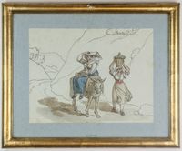 Due donne in cammino, una su un asino col bimbo in braccio.