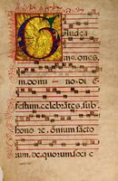Pagina di messale cantato Omnes Sanctorum con iniziale miniata.