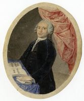Miniatura con Ritratto di gentiluomo in ovale con tenda rosa.
