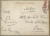 Cartolina viaggiata, autografa firmata inviata al M Tavani al Teatro Petruzzelli di Bari.