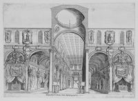 Quattro incisioni che illustrano gli apparati dei funerali di Maria de' Medici (1642) e di Luigi XIII celebrati a Firenze nella chiesa di San Lorenzo.