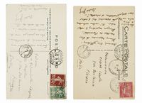 2 cartoline autografe firmate, una anche da Allégret, inviate a Mademoiselle Elisabeth Chaplin, Firenze.