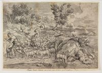 Paesaggio lacustre con pastori e pecore.