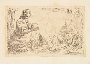  Simone Cantarini  (Pesaro, 1612 - Verona, 1648) : Sacra Famiglia accanto al fuoco.  - Asta Stampe, disegni, carte geografiche e vedute - Libreria Antiquaria Gonnelli - Casa d'Aste - Gonnelli Casa d'Aste