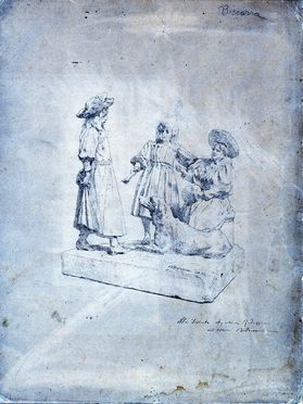  Cesare Biscarra  (Torino, 1866 - 1943) : Tocco in penna raffigurante una scultura con tre bimbi e un cane.  - Asta Stampe e Disegni - Libreria Antiquaria Gonnelli - Casa d'Aste - Gonnelli Casa d'Aste