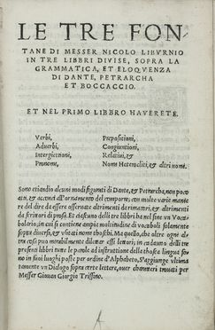  Liburnio Niccolo : Le tre fontane [...] in tre libbri divise, sopra la grammatica, et eloquenza di Dante, Petrarcha et Boccaccio.  Dante Alighieri, Francesco Petrarca, Giovanni Boccaccio  - Asta Manoscritti, Libri, Autografi, Stampe & Disegni - Libreria Antiquaria Gonnelli - Casa d'Aste - Gonnelli Casa d'Aste