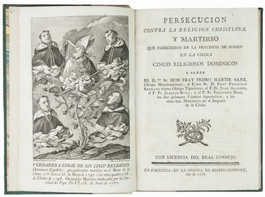 Persecucion contra la religion christiana, y martirio que padecieron en la provincia de Fokien en la China cinco religiososo dominicos... Religione, Orientalia, Geografia e viaggi  - Auction Manuscripts, Books, Autographs, Prints & Drawings - Libreria Antiquaria Gonnelli - Casa d'Aste - Gonnelli Casa d'Aste