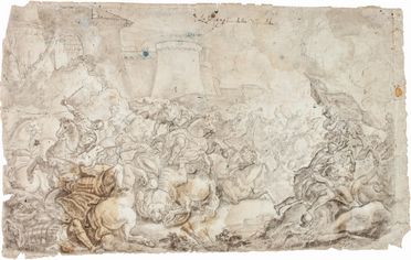  Scuola napoletana di fine XVI-inizio XVII secolo : La Battaglia di Atripalda (recto). Angeli musicanti (verso).  - Asta Manoscritti, Libri, Autografi, Stampe & Disegni - Libreria Antiquaria Gonnelli - Casa d'Aste - Gonnelli Casa d'Aste
