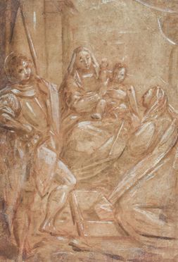  Giovanni Cavedone  (Modena, 1577 - 1660) : Madonna con Bambino e i Santi Giorgio e Aurelia (?).  - Auction Manuscripts, Books, Autographs, Prints & Drawings - Libreria Antiquaria Gonnelli - Casa d'Aste - Gonnelli Casa d'Aste