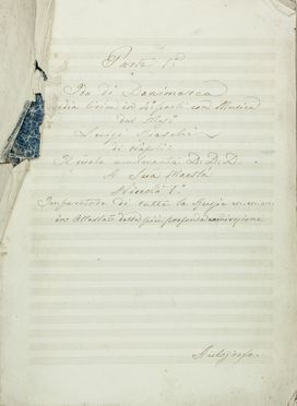  Rieschi Luigi : Ida di Danimarca / Tragedia lirica in 4 parti / con musica / del Maes.o / Luigi Rieschi / di Napoli. / Il quale umilmente D.D.D. / a Sua Maest&agrave; / Niccol&ograve; I / Imperatore di tutte le Russie ecc. / in attestato della pi&ugrave; profonda ammirazione / Autografo.  - Asta Manoscritti, Libri, Autografi, Stampe & Disegni - Libreria Antiquaria Gonnelli - Casa d'Aste - Gonnelli Casa d'Aste