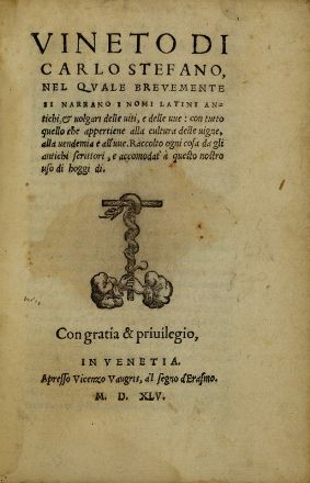  Estienne Charles : Vineto [...], nel quale brevemente si narrano i nomi latini antichi, & volgari delle viti, e delle uve...  - Asta Libri, Grafica - Libreria Antiquaria Gonnelli - Casa d'Aste - Gonnelli Casa d'Aste