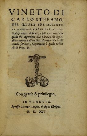  Estienne Charles : Vineto [...], nel quale brevemente si narrano i nomi latini antichi, & volgari delle viti, e delle uve...  - Asta Libri, Grafica - Libreria Antiquaria Gonnelli - Casa d'Aste - Gonnelli Casa d'Aste