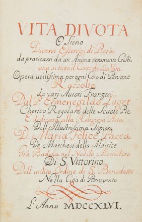  Lager Ermenegildo : Vita divota o sieno diversi esercizi di Pietà da praticarsi da un'Anima veramente cristiana in tutto il corso di sua vita [...] raccolta da vari autori franzesi... Legatura, Collezionismo e Bibiografia  - Auction Books, Prints and Drawings - Libreria Antiquaria Gonnelli - Casa d'Aste - Gonnelli Casa d'Aste