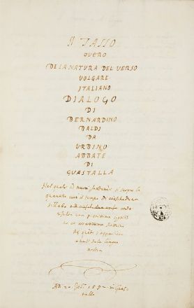  Baldi Bernardino : Il Tasso overo de la natura del verso volgare italiano dialogo... Letteratura italiana, Letteratura  - Auction Books, Prints and Drawings - Libreria Antiquaria Gonnelli - Casa d'Aste - Gonnelli Casa d'Aste