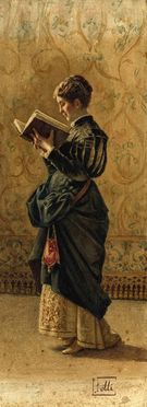  Luigi Folli  (1800 - 1880) : Coppia di acquarelli:  Donna che legge. Donna con gatto.  - Asta Libri, Grafica - Libreria Antiquaria Gonnelli - Casa d'Aste - Gonnelli Casa d'Aste