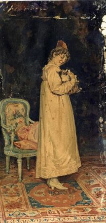  Luigi Folli  (1800 - 1880) : Coppia di acquarelli:  Donna che legge. Donna con gatto.  - Asta Libri, Grafica - Libreria Antiquaria Gonnelli - Casa d'Aste - Gonnelli Casa d'Aste