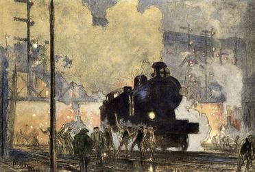  Frank William Brangwyn  (Bruges, 1867 - Ditchling, 1956) : Steam train.  - Asta Libri, Grafica - Libreria Antiquaria Gonnelli - Casa d'Aste - Gonnelli Casa d'Aste