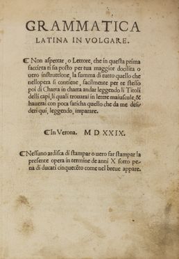  Donato Bernardino : Grammatica latina in volgare. Grammatica, Letteratura  - Auction BOOKS, MANUSCRIPTS AND AUTOGRAPHS - Libreria Antiquaria Gonnelli - Casa d'Aste - Gonnelli Casa d'Aste