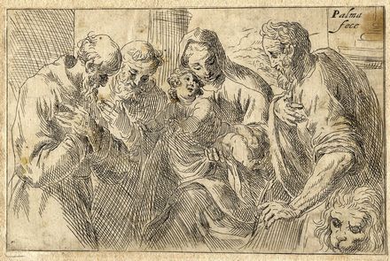  Jacopo Negretti (detto Palma il Giovane)  (Venezia, 1548 - 1628) : Sacra Famiglia con i santi Gerolamo e Francesco.  - Auction Paintings, Prints, Drawings and Fine Art - Libreria Antiquaria Gonnelli - Casa d'Aste - Gonnelli Casa d'Aste