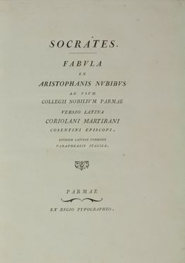  Socrates : Fabula ex Aristotelis nubibus... Classici, Letteratura  Hesiodus  - Auction BOOKS, MANUSCRIPTS AND AUTOGRAPHS - Libreria Antiquaria Gonnelli - Casa d'Aste - Gonnelli Casa d'Aste