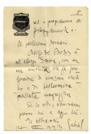  D'Annunzio Gabriele : Lettera autografa firmata inviata al figlio Gabriellino.  - Asta Libri, manoscritti e autografi - Libreria Antiquaria Gonnelli - Casa d'Aste - Gonnelli Casa d'Aste