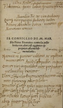  Ficino Marsilio : Il Consiglio [...] contro la pestilentia con altre cose aggiunte appropriate alla medesima malattia. Pestilenze, Medicina  - Auction BOOKS, MANUSCRIPTS AND AUTOGRAPHS - Libreria Antiquaria Gonnelli - Casa d'Aste - Gonnelli Casa d'Aste