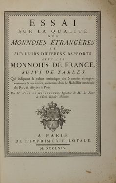  Richebourg Mac� (de) : Essai sur la qualit� des monnoies etrangeres... Economia, Numismatica, Economia, Sociologia, Arte  - Auction BOOKS, MANUSCRIPTS AND AUTOGRAPHS - Libreria Antiquaria Gonnelli - Casa d'Aste - Gonnelli Casa d'Aste