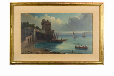  Scuola napoletana del XIX secolo : Lotto composto di due dipinti raffiguranti la Costiera Amalfitana.  - Asta Stampe e Disegni XVI-XX secolo, Dipinti dell'800 e del '900. - Libreria Antiquaria Gonnelli - Casa d'Aste - Gonnelli Casa d'Aste