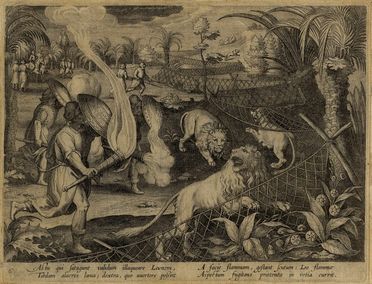  Jan II Collaert  (1566 - 1628) : Caccia al leone. Caccia al leopardo.  - Auction Prints and Drawings XVI-XX century, Paintings of the 19th-20th centuries - Libreria Antiquaria Gonnelli - Casa d'Aste - Gonnelli Casa d'Aste