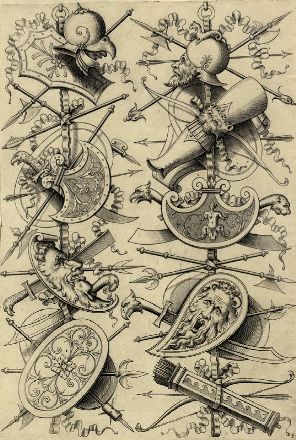  Enea Vico  (Parma,, 1523 - Ferrara,, 1567) : Grotteschi con trofei di guerra.  - Auction Prints and Drawings XVI-XX century, Paintings of the 19th-20th centuries - Libreria Antiquaria Gonnelli - Casa d'Aste - Gonnelli Casa d'Aste