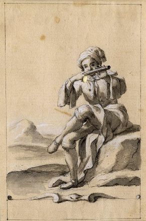  Anonimo del XVIII secolo : Tre musici: suonatore d'arpa, suonatore di biella e suonatore di flauto.  - Auction Prints and Drawings XVI-XX century, Paintings of the 19th-20th centuries - Libreria Antiquaria Gonnelli - Casa d'Aste - Gonnelli Casa d'Aste