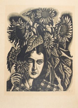  Giuseppe Haas-Triverio  (Sachseln, 1899 - 1963) : Donna coi girasoli.  - Asta Stampe e Disegni XVI-XX secolo, Dipinti dell'800 e del '900. - Libreria Antiquaria Gonnelli - Casa d'Aste - Gonnelli Casa d'Aste