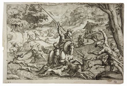  Jan Van der Straet (detto Stradano)  (Bruges, 1523 - Firenze, 1605) [da] : Lotto di tre scene di caccia.  - Auction Prints, Drawings and Paintings from 16th until 20th centuries - Libreria Antiquaria Gonnelli - Casa d'Aste - Gonnelli Casa d'Aste