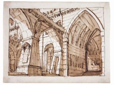  Telemaco Signorini  (Firenze, 1835 - 1901) : Due studi scenografici raffiguranti un interno di fortezza cinquecentesca.  - Asta Stampe, Disegni e Dipinti dal XVI al XX secolo - Libreria Antiquaria Gonnelli - Casa d'Aste - Gonnelli Casa d'Aste