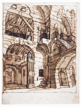  Telemaco Signorini  (Firenze, 1835 - 1901) : Due studi scenografici raffiguranti un interno di fortezza cinquecentesca.  - Asta Stampe, Disegni e Dipinti dal XVI al XX secolo - Libreria Antiquaria Gonnelli - Casa d'Aste - Gonnelli Casa d'Aste
