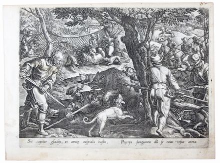  Philips Galle  (Haarlem, 1537 - Anversa, 1612) : La caccia all'orso con le reti.  - Auction Prints, Drawings and Paintings from 16th until 20th centuries - Libreria Antiquaria Gonnelli - Casa d'Aste - Gonnelli Casa d'Aste