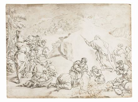  Francesco La Marra  (Martina Franca, 1728 - Napoli, 1787) : Mosè fa scaturire l'acqua dalla roccia.  Luca Giordano  (Napoli, 1634 - 1705)  - Auction Prints, Drawings and Paintings from 16th until 20th centuries - Libreria Antiquaria Gonnelli - Casa d'Aste - Gonnelli Casa d'Aste