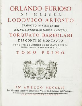  Ariosto Ludovico : Orlando furioso [...] tradotto in versi latini [...]. Tomo primo (-secondo).  Torquato Barbolani, Andrea Bolzoni  (Ferrara, 1689 - 1760)  - Asta Libri, Manoscritti e Autografi - Libreria Antiquaria Gonnelli - Casa d'Aste - Gonnelli Casa d'Aste