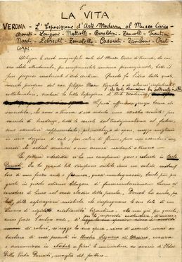  Fiumi Lionello : La Vita. Verona - L'Esposizione d'Arte Moderna al Museo civico: Donati, Longoni, Mattiolli, Beraldini, Zancolli [...] Casorati, Zamboni, Prati, Capri.  - Asta Libri, Manoscritti e Autografi - Libreria Antiquaria Gonnelli - Casa d'Aste - Gonnelli Casa d'Aste