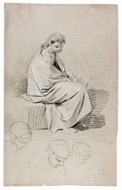  Gerolamo Induno  (Milano, 1825 - Milano, 1890) [cerchia di] : Figura maschile panneggiata seduta e studi di teste(r). Studi di figura femminile implorante e studio di due uomini in lotta (v).  - Asta Libri & Grafica. Parte I: Stampe, Disegni & Dipinti - Libreria Antiquaria Gonnelli - Casa d'Aste - Gonnelli Casa d'Aste