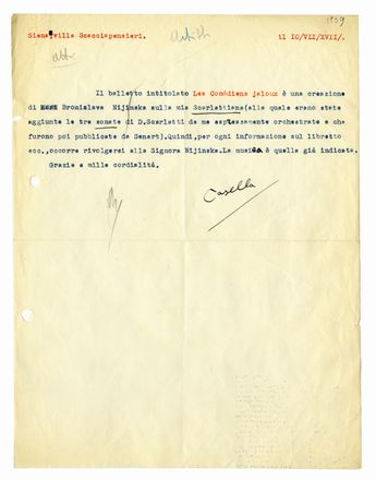  Casella Alfredo : 2 lettere dattiloscritte con firme autografe inviate al Teatro alla Scala.  - Asta Libri & Grafica - Libreria Antiquaria Gonnelli - Casa d'Aste - Gonnelli Casa d'Aste