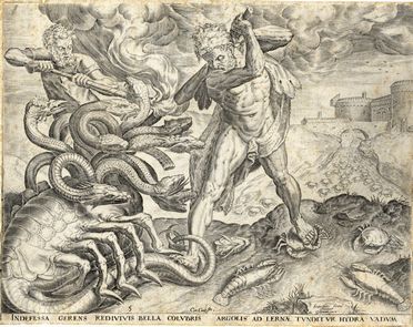  Cornelis Cort  (Hoorn, 1533 - Roma, 1578) : Indefessa gerens redivivis bella colubris Argolis ad Lernae tunditur Hydra Vadum. Ercole e l'Hydra di Lerna.  - Auction Books & Graphics - Libreria Antiquaria Gonnelli - Casa d'Aste - Gonnelli Casa d'Aste