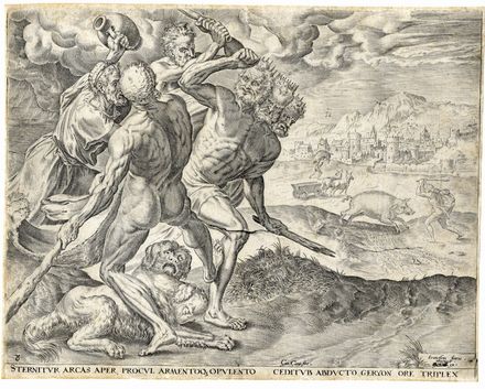  Cornelis Cort  (Hoorn, 1533 - Roma, 1578) : Indefessa gerens redivivis bella colubris Argolis ad Lernae tunditur Hydra Vadum. Ercole e l'Hydra di Lerna.  - Auction Books & Graphics - Libreria Antiquaria Gonnelli - Casa d'Aste - Gonnelli Casa d'Aste