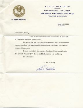  Gelli Licio : Lettera con firma autografa insieme a una copia di lettera a firma di Lino Salvini, Gran Maestro del Grande Oriente d'Italia.  - Asta Libri & Grafica - Libreria Antiquaria Gonnelli - Casa d'Aste - Gonnelli Casa d'Aste