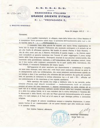  Gelli Licio : Lettera con firma autografa insieme a una copia di lettera a firma di Lino Salvini, Gran Maestro del Grande Oriente d'Italia.  - Asta Libri & Grafica - Libreria Antiquaria Gonnelli - Casa d'Aste - Gonnelli Casa d'Aste