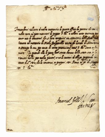 Lettera del Governatore di S. Giovanni Incarico al Duca di Parma a Gradoli. Storia, Storia, Diritto e Politica  - Auction Books & Graphics - Libreria Antiquaria Gonnelli - Casa d'Aste - Gonnelli Casa d'Aste