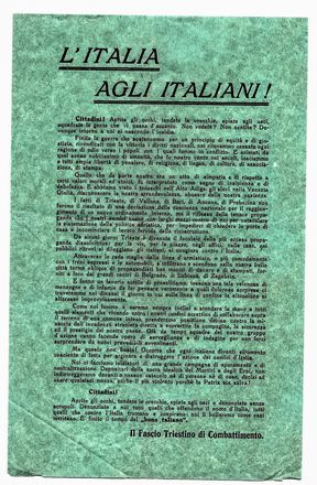 Raccolta di 8 volantini relativi a Gabriele D'Annunzio e al Partito Nazionale Fascista, insieme ai testi di canzoni fasciste per la Patria. Storia, Storia, Diritto e Politica  - Auction Books & Graphics - Libreria Antiquaria Gonnelli - Casa d'Aste - Gonnelli Casa d'Aste